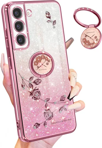 Miniatura 12 de Funda para Samsung Galaxy S22 Ultra con purpurina brillante para mujeres y niñas, cubierta de teléfono morada, diseño floral con anillo de flores