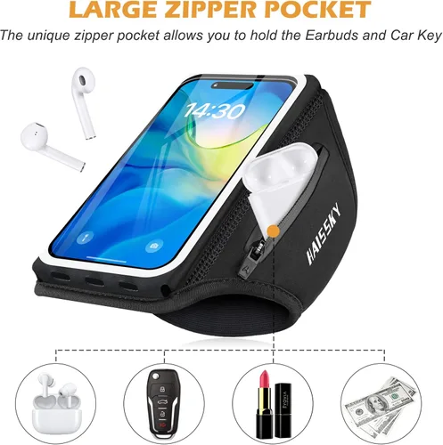 Miniatura 2 de Brazalete para correr con bolsa para auriculares, brazalete para teléfono celular para iPhone 17 16 15 Pro 14 Plus 13 11 XR, Galaxy S24/S10 Negro