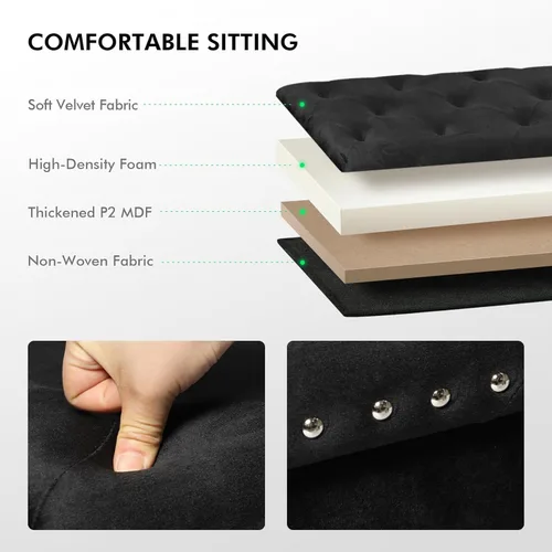 Miniatura 6 de PINPLUS Otomano de almacenamiento plegable negro en forma de cubo, taburete pequeño de terciopelo con diseño de remaches, reposapiés acolchado
