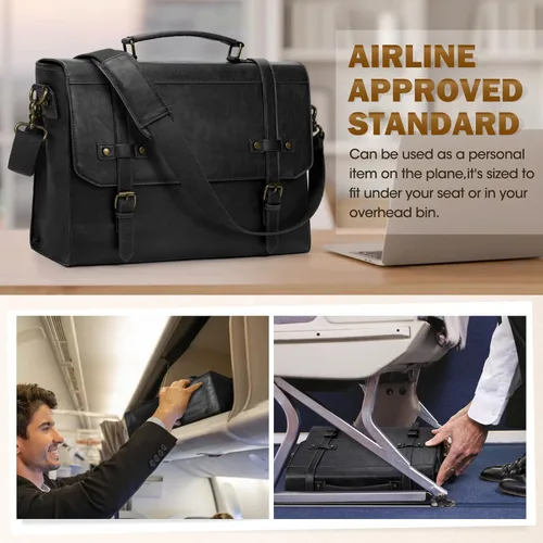 Miniatura 6 de RAINSMORE Bolsa de mensajero para hombre de 17 pulgadas, impermeable, de piel vintage, maletín para laptop, bolsa grande para laptop, cartera, bolsa