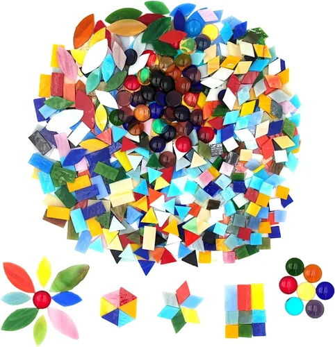 Azulejos de mosaico de vidrio de color mixto 1.3lb/600g, 6 formas mixtas hoja de pétalo/redondo/rectángulo/cuadrado/rombo/triángulo vidrieras piezas