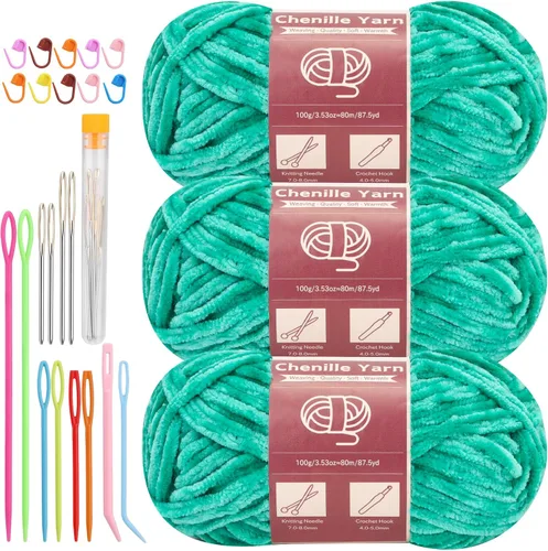 Miniatura 34 de LUNARM Hilado de chenilla para tejer y hacer ganchillo, 3 madejas de 240 metros de hilo grueso, suave y voluminoso, para tejer mantas, ropa y Beige
