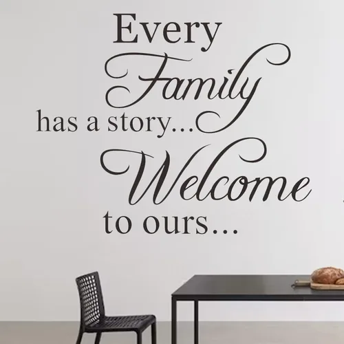 Miniatura 3 de Vinilo decorativo para pared con texto en inglés «Every Family Has a Story» con frase «Welcome to ours»