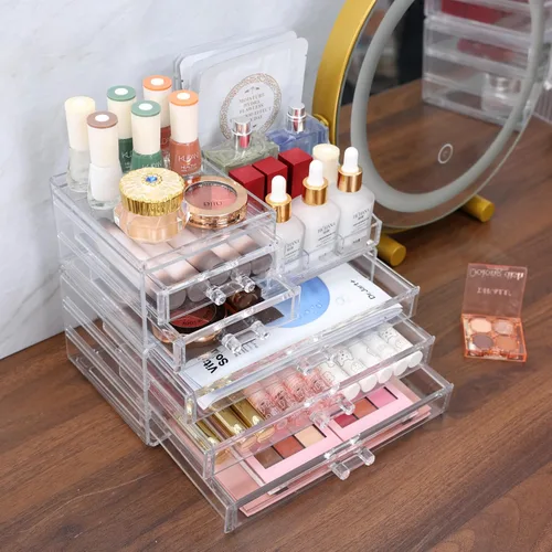 Miniatura 9 de Organizadores de maquillaje acrílicos transparentes y almacenamiento para tocador, organizador de cuidado de la piel para baño con 5 cajones