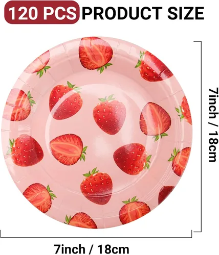 Miniatura 2 de 120 platos de papel de fresa de 7 pulgadas, platos de postre desechables decorativos para fiestas, platos de fiesta de fresas a granel