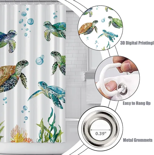 Miniatura 5 de Cortina de ducha de tortuga marina para baño, cortina decorativa costera de baño, 72 x 72 pulgadas, tela de poliéster, cortinas de baño impermeables