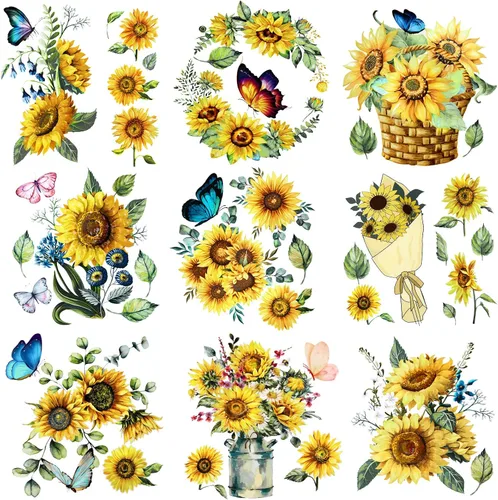 9 hojas de transferencia de girasol para muebles y manualidades, primavera y verano, flores vintage, mariposas, primavera, calcomanías de
