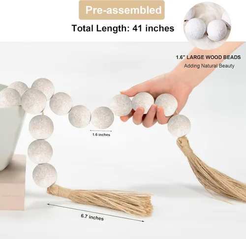 Miniatura 3 de OMISHE Guirnalda de Cuentas de Madera Extra Grande Blanco Rústico con Cuentas de Madera de 1.6" de Diámetro y Borlas, 41" de Largo Cuentas 7 blanco