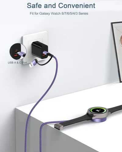 Miniatura 4 de Cargador de 3.3 pies para Galaxy Watch 7, cargador inalámbrico magnético Samsung [puerto dual USB A/C] cable de carga rápida compatible con Galaxy