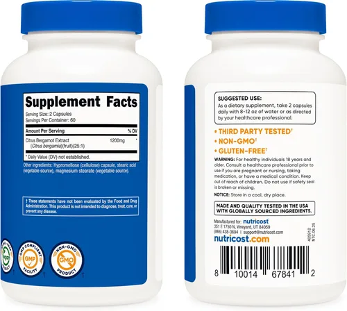 Miniatura 4 de Nutricost Cápsulas de bergamota cítrica de 1,200 mg, 120 cápsulas - Extracto de bergamota 25:1 - 60 porciones, sin gluten, vegano y sin OMG