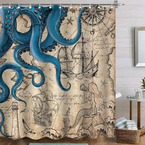Miniatura 25 de Fungarth Cortina de ducha de pulpo náutico azul, sirena azul marino, divertida cortina de ducha estilo kraken del océano para baño, ancla fresca