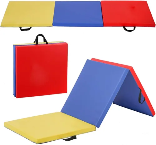Miniatura 18 de Colchoneta de gimnasia portátil plegable de 4 x 8/2 x 6 pies, tapete de ejercicio de piel sintética con asas de transporte para entrenamiento en Rosa