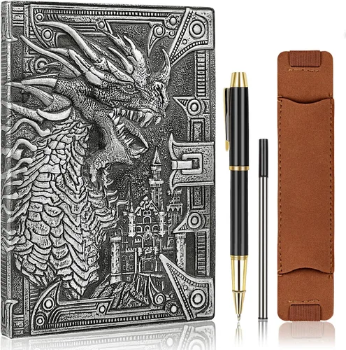 Miniatura 10 de DND - Cuaderno de Dungeon and Dragon de cuero en relieve 3D, diario de dragón con bolígrafo negro y funda para bolígrafo, diario de viaje vintage