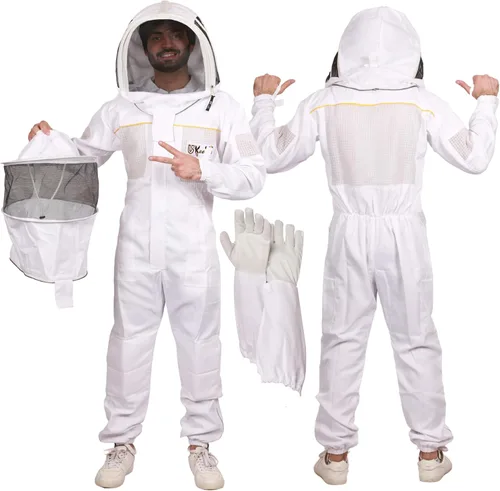 Traje de apicultura de polialgodón ultra ventilado para hombres y mujeres con guantes y dos velos de apicultura, traje de apicultura profesional y