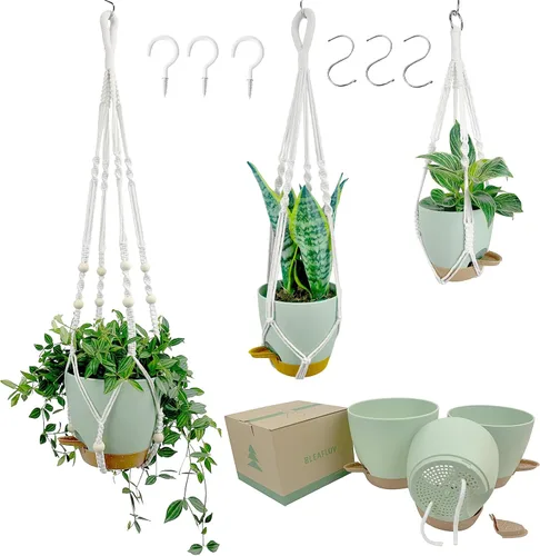 Miniatura 9 de Macetas colgantes con colgadores de macramé para plantas de interior y exterior, juego de 3 cestas colgantes de 35/27/21 pulgadas, macetas de riego
