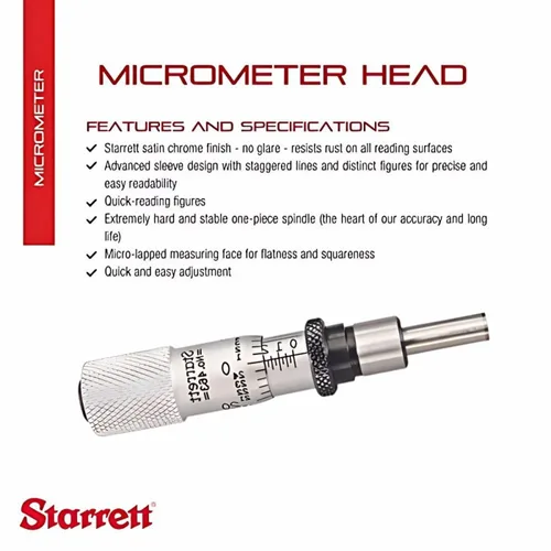 Miniatura 2 de Starrett Cabezal de micrómetro con husillo de una pieza, acabado cromado satinado y diseño avanzado de manga, ajuste rápido y fácil, rango de 0-1/2