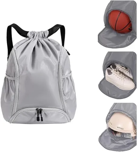 Miniatura 10 de Mochila deportiva con cordón, bolsa de gimnasio impermeable para mujeres y hombres, paquete de baloncesto con compartimento para zapatos, Negro