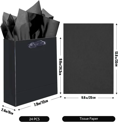Miniatura 5 de qiqee 24 bolsas de regalo negras con papel de seda para bodas, cumpleaños, suministros de fiesta, bolsas de regalo de cartón de tamaño mediano