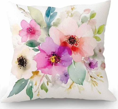 Swono Hermosa funda de almohada con diseño de flores en acuarela para decoración familiar, de lino y algodón, color rosa, floral, para el hogar,