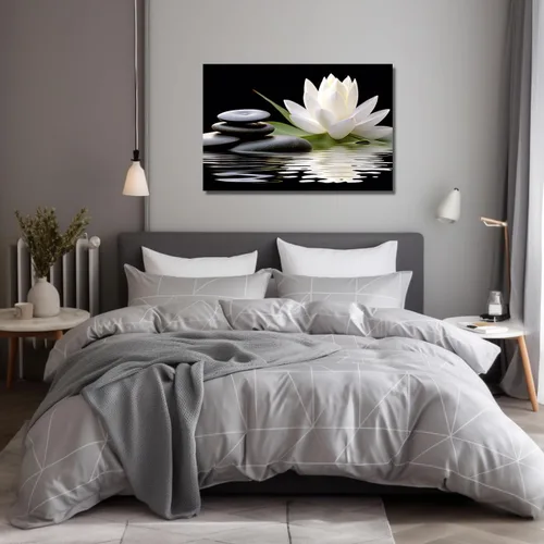 Miniatura 3 de LZIMU Lienzo decorativo para pared, diseño de loto blanco y piedras zen negras que florecen en el agua, impresiones de imágenes para yoga, spa