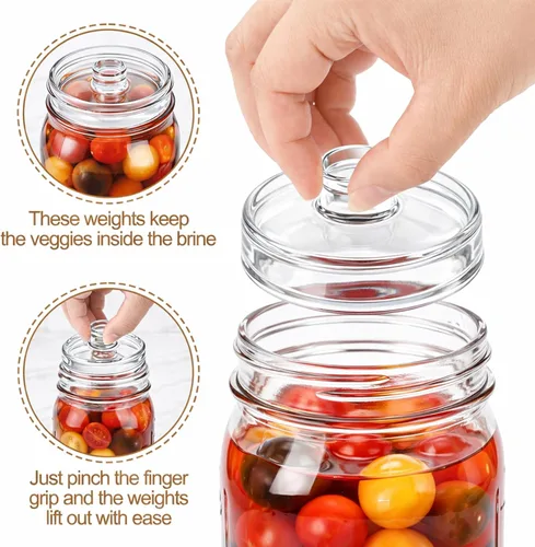 Miniatura 4 de Jucoan 6 Pack Glass Fermentation Weights with Easy Grip Handle for Wide Mouth Mason Jars and 1 Pcs Beech Wood Vegetable Tamper Sauerkraut Pounder