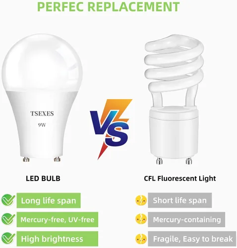 Miniatura 4 de TSEXES - Bombilla LED GU24, 9 W, forma A19, 2 puntas, 2700 K, blanco cálido, paquete de 4 Equivalente a 100 vatios, 1100 lúmenes, no regulable