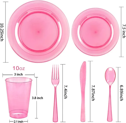Miniatura 5 de WDF 25 platos de color rosa para invitados con cubiertos de plástico rosa y vasos rosados. La vajilla desechable transparente neón incluye 50