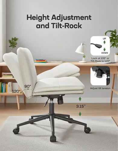Miniatura 7 de Marsail Silla de escritorio sin brazos con ruedas: Silla amplia de cuero PU con piernas cruzadas, sillas de tarea giratorias ajustables y cómodas