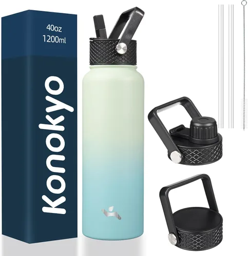 Miniatura 98 de Konokyo - Botella de agua aislada de 18 onzas, botellas deportivas de acero inoxidable con 3 tapas, verde militar