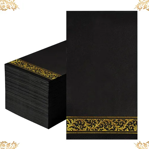 Miniatura 11 de 200 Servilletas de Papel con Ribete Dorado Negras Elegantes Servilletas de Cena, Servilletas de Invitados de 3 Capas con Papel Dorado Desechables