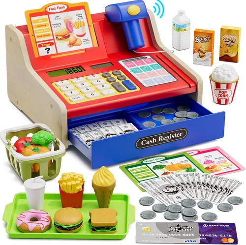 Miniatura 9 de Wee Wonders Caja registradora de madera para niños con calculadora real, juguete recargable de caja registradora con escáner/dinero