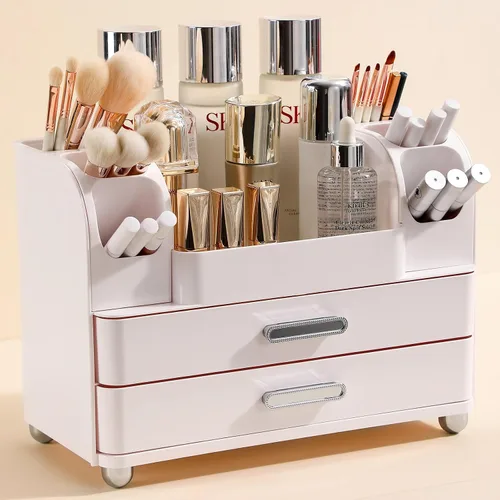 Organizador de maquillaje Anyoifax para encimera con cajones grandes, organizador de tocador con soporte para brochas, almacenamiento para el