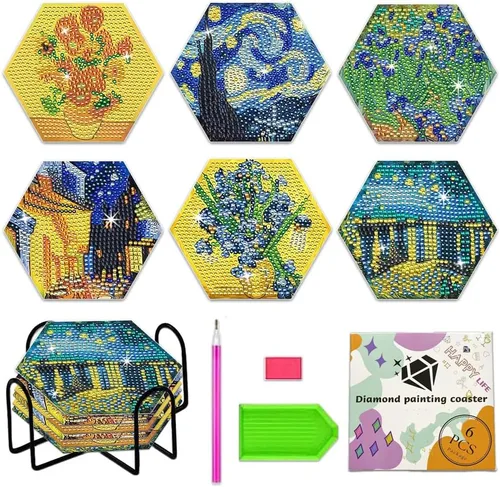 NUFTVI Van Gogh - Juego de posavasos de pintura de diamantes con soporte, kit de posavasos de arte de diamante de cristal completo 5D para adultos.