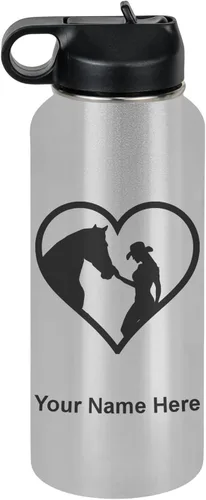 Miniatura 76 de LaserGram Botella de agua personalizada, corazón de vaquera de caballo, acero inoxidable de doble pared aislada al vacío con popote superior, regalo