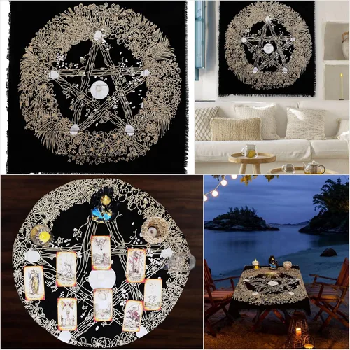 Miniatura 2 de Indian Consigners Pentagrama floral Alter Cloth cubierta de altar perfecta tarot propagación brujería (17.7 x 17.7 in (18 x 18 pulgadas), dorado)