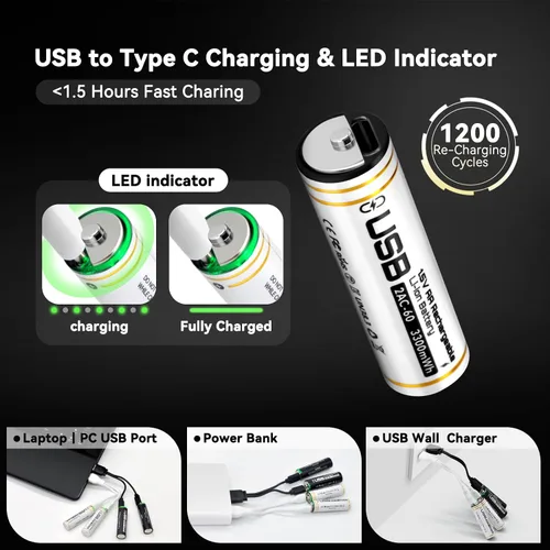 Miniatura 5 de Baterías AA recargables USB-C, 3300 mWh de iones de litio de 1.5 V de voltaje constante, baterías de litio dobles A de carga rápida con cable tipo