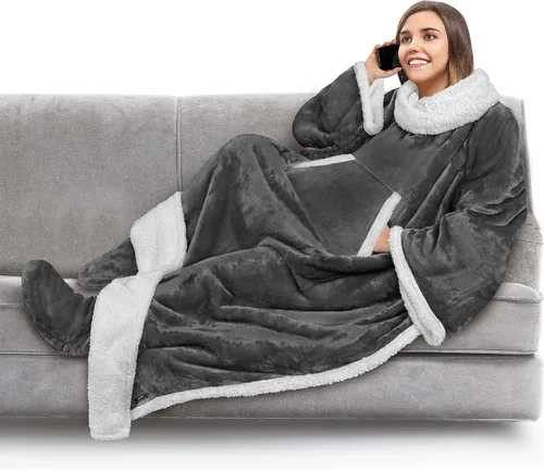 Miniatura 24 de PAVILIA Manta de forro polar con mangas, bolsillos para los pies para mujeres, hombres y adultos, manta de felpa para llevar, cálida manta