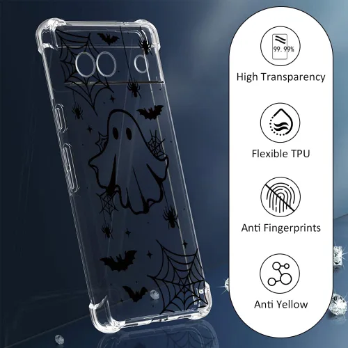 Miniatura 6 de Funda de Halloween para Google Pixel 6A transparente con diseños de murciélagos fantasmas, funda para teléfono para niñas, elegante, delgada, a