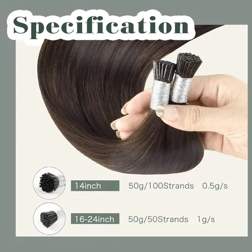 Miniatura 4 de Sixstarhair Extensiones de cabello humano de queratina con punta en I de 14 pulgadas, color marrón chocolate, extensiones de cabello lacio y sedoso