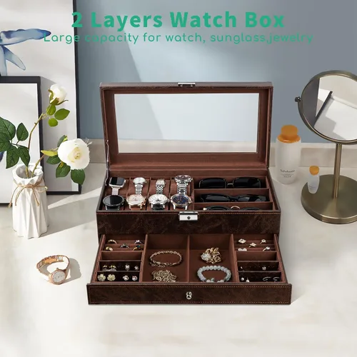 Miniatura 3 de TomCare Caja de reloj de 2 niveles para reloj, caja organizadora de joyas con tapa de vidrio gruesa, organizador de relojes, soporte para exhibición