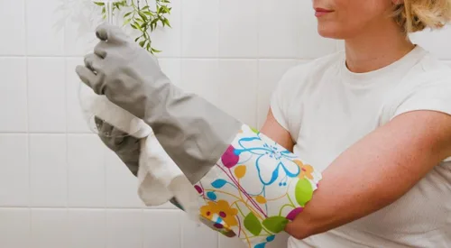 Miniatura 6 de Guantes domésticos de limpieza sin látex, guantes grises y amarillos con forro suave, puño largo de 15 pulgadas y agarre (2 pares), talla L