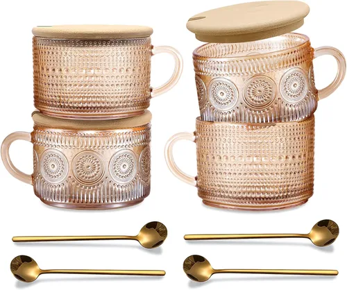Miniatura 8 de Tazas de café de vidrio vintage, juego de 2 tazas de té de cristal en relieve de 14 onzas para desayuno, postre, capuchino, latte, cereales, yogur