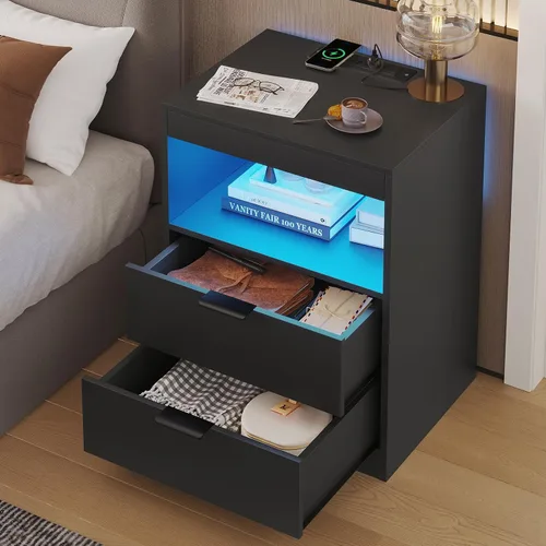Miniatura 6 de ADORNEVE Mesita de noche LED negra con estación de carga inalámbrica, 2 cajones, moderna mesa auxiliar de dormitorio con luces LED, mesa de noche