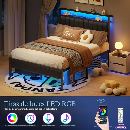 Miniatura 4 de Furnulem - Base de cama tamaño Queen con estación de carga y luces LED, cama de plataforma con listones de metal, cabecera tapizada gris con Roble