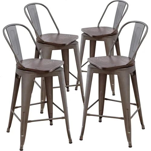 Miniatura 3 de Aklaus Taburetes de bar giratorios de metal con respaldo, juego de 4 taburetes de altura de mostrador, sillas de bar con respaldo alto de 26 RUSTY