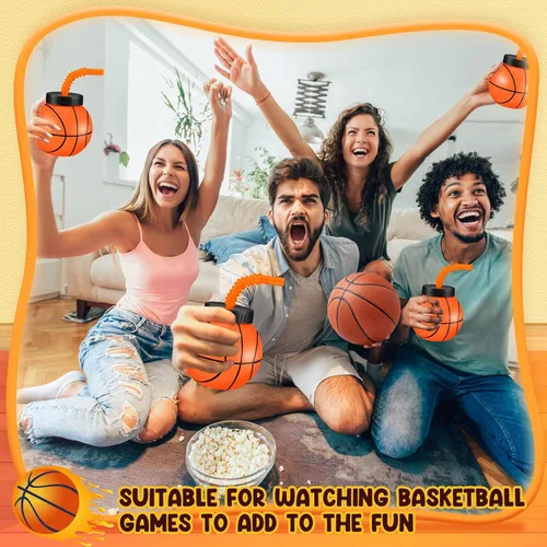 Miniatura 6 de Nuanchu 12 juegos de tazas de baloncesto de 14 onzas con pajitas y tapas, regalos de fiesta de baloncesto de plástico a granel reutilizables