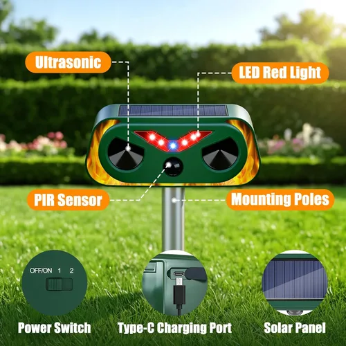 Miniatura 5 de Repelente de animales ultrasónico solar mejorado 2026 Repelente de animales para exteriores con sensor de movimiento, luz flash, repelente
