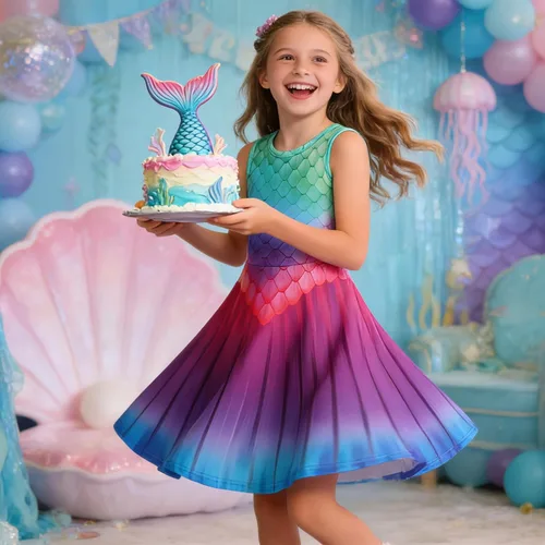 Miniatura 7 de Funnycokid Vestido de Sirena para Niñas, Sin Mangas, de Verano, para Cumpleaños, de Fiesta con Volantes, Ropa de 4 a 13 Años