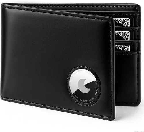 Billetera AirTag - Cartera AirTag de cuero de grano superior plegable para hombre, billetera minimalista con bolsillo frontal con soporte para Negro