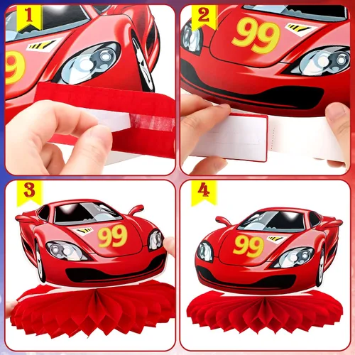 Miniatura 4 de Inbagi 9 piezas de decoración de fiesta de autos de carreras, centros de mesa de panal de abeja, decoración de mesa de fiesta de doble cara